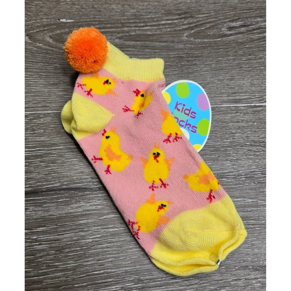 Easter Chick Ankle Socks Kids Novelty Pom Pom One Pair New